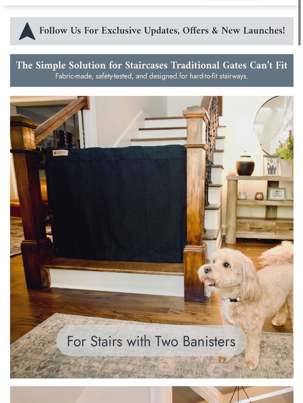 The Stair Barrier - Fabric Stairway Barrier for Two Banisters - taupe gray color
